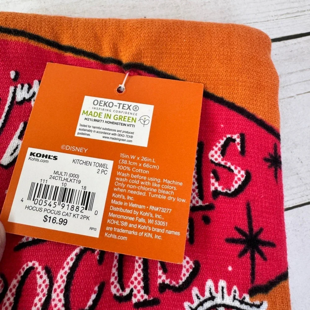 Disney‎ Hocus Pocus Kitchen Towels Set 2 Binx Cat Halloween Orange New